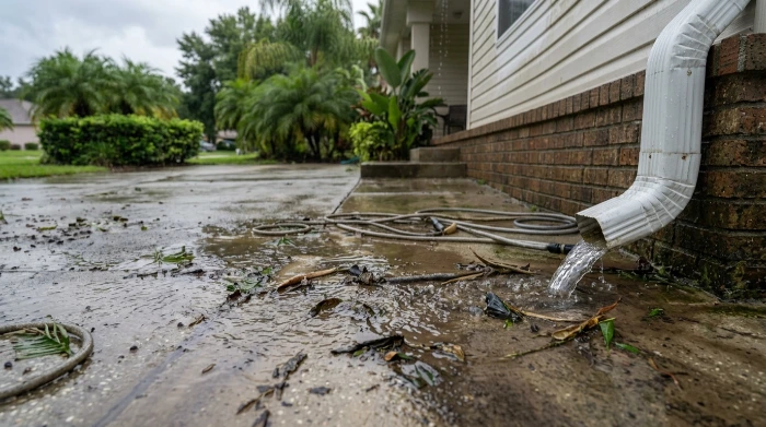 Heavy rain and gutter runoff causing dirt buildup on driveway and exterior surfaces