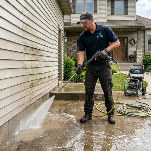 Professional pressure washing technician cleaning house vinyl siding with pressure washer machine