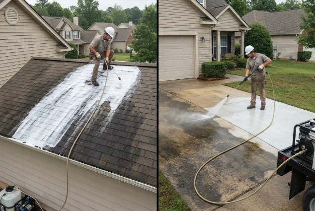 Professional pressure washing of a residential roof and driveway