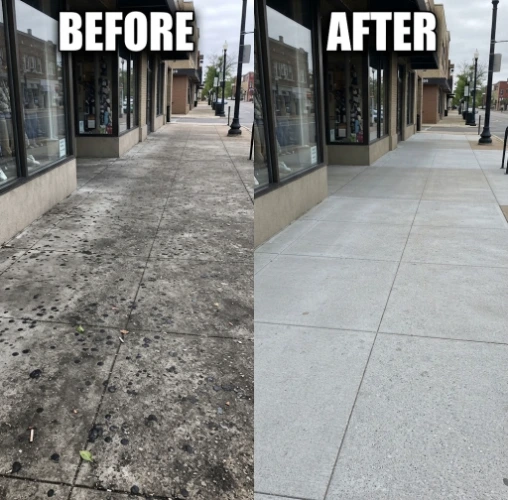 Before and after photo of a dirty commercial sidewalk transformed into a clean, bright surface after pressure washing.