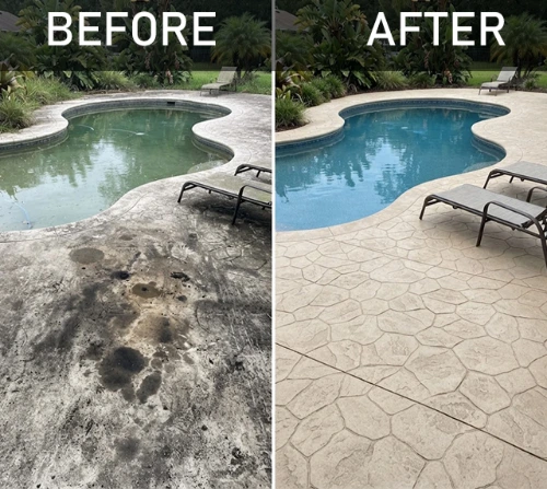 Before and after pool deck pressure washing showing stained to clean stamped concrete