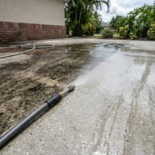 Concrete driveway pressure washing removing dirt and stains near residential home with palm trees