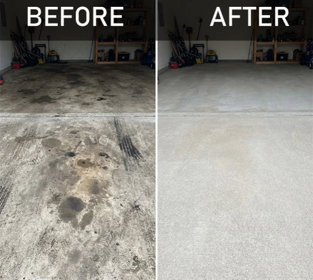 Before and after garage floor pressure washing showing oil stain removal