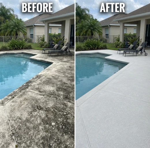 Before and after photo of a dirty pool deck transformed into a clean, bright surface after pressure washing.