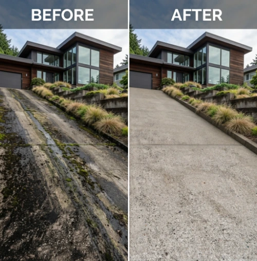 Before-and-after of a moss-stained driveway pressure-washed clean, outside a modern wood-clad house