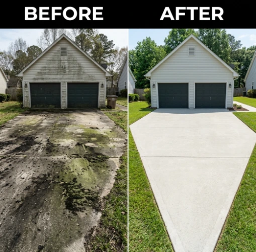 Before and after garage driveway pressure washing showing moss and stain removal