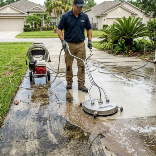 Professional pressure washing technician cleaning residential driveway with surface cleaner attachment