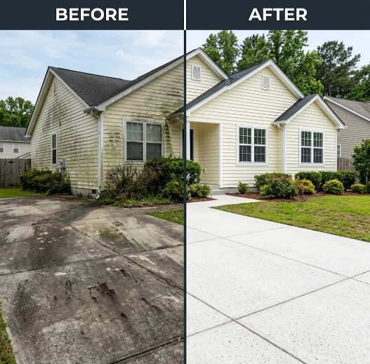 Before and after house exterior pressure washing showing clean siding and driveway