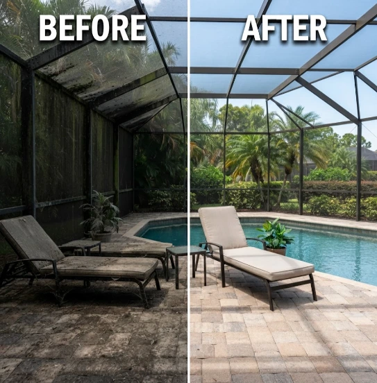 Before and after photo of a dirty, algae-covered pool cage and lounge area transformed into a bright, clean poolside space after pressure washing.