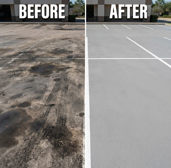 Before and after photo of a commercial parking lot transformed from oil-stained, dirty pavement to a clean, bright surface after pressure washing.