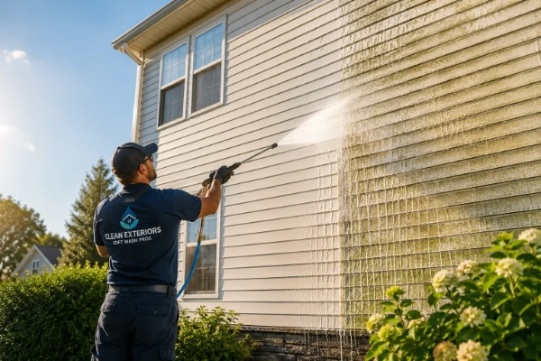 Soft wash technician pressure washing two-story house siding with mold and algae stains