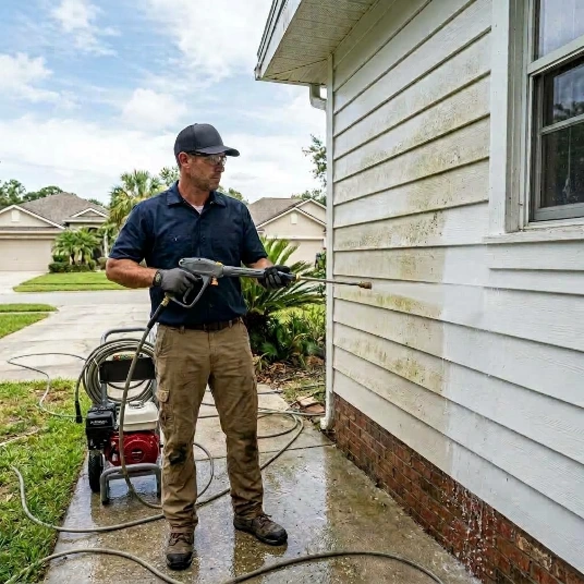 Technician pressure washing house siding to remove mold and mildew stains