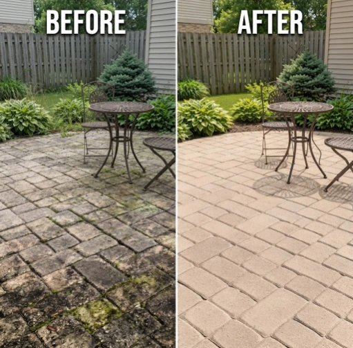 Before and after paver patio pressure washing showing moss and algae removal