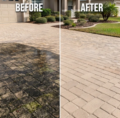 Before and after paver driveway pressure washing showing stain removal