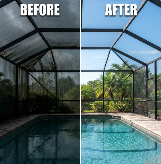 Before and after photo of a dirty, algae-covered pool cage transformed into a clear, bright screen enclosure after pressure washing.