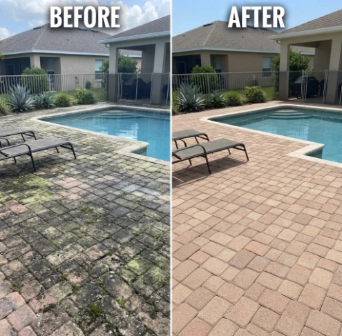 Before and after photo of a moss-covered brick paver pool deck restored to a clean, uniform tan finish after pressure washing.