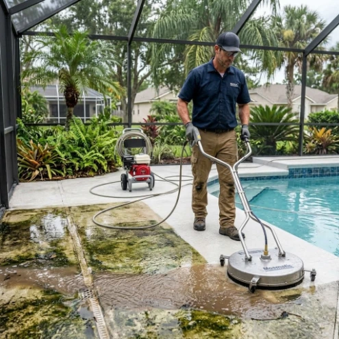 Technician pressure washing pool deck removing algae and grime with surface cleaner