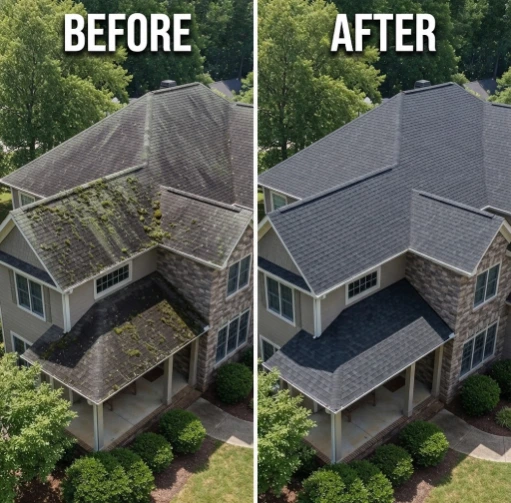 Before and after roof pressure washing showing a residential house with heavy moss and algae growth on the roof before cleaning and a clean, restored roof after professional pressure washing.