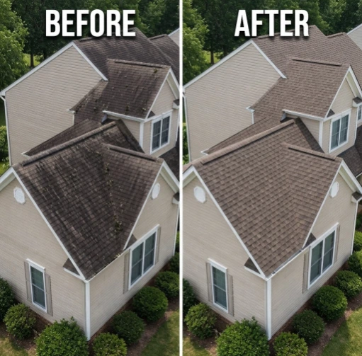 Before and after roof pressure washing showing a residential house with a heavily stained, moss-covered roof before cleaning and a clean, refreshed roof after professional cleaning.