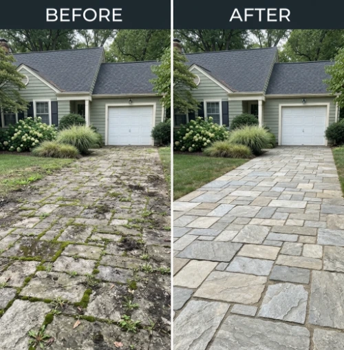 Before and after driveway pressure washing showing a moss-covered, dirty stone driveway transformed into a clean, bright stone driveway in front of a suburban home.