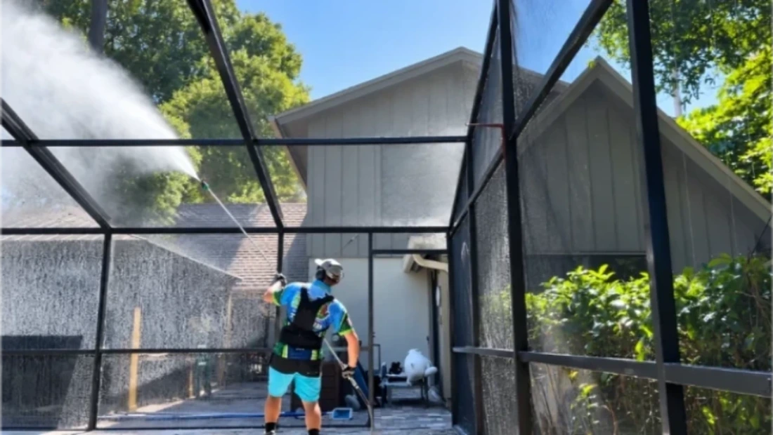 Pool cage pressure washing service cleaning screen enclosure mesh