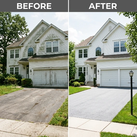 Before and after pressure washing of house siding and driveway showing dramatic transformation