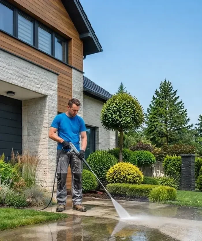 Professional pressure washing service cleaning concrete driveway outside modern house