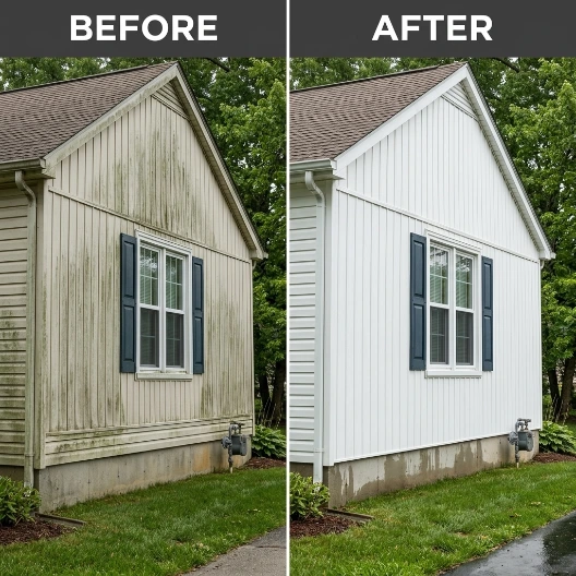 Before and after power washing of house siding removing mold and mildew stains
